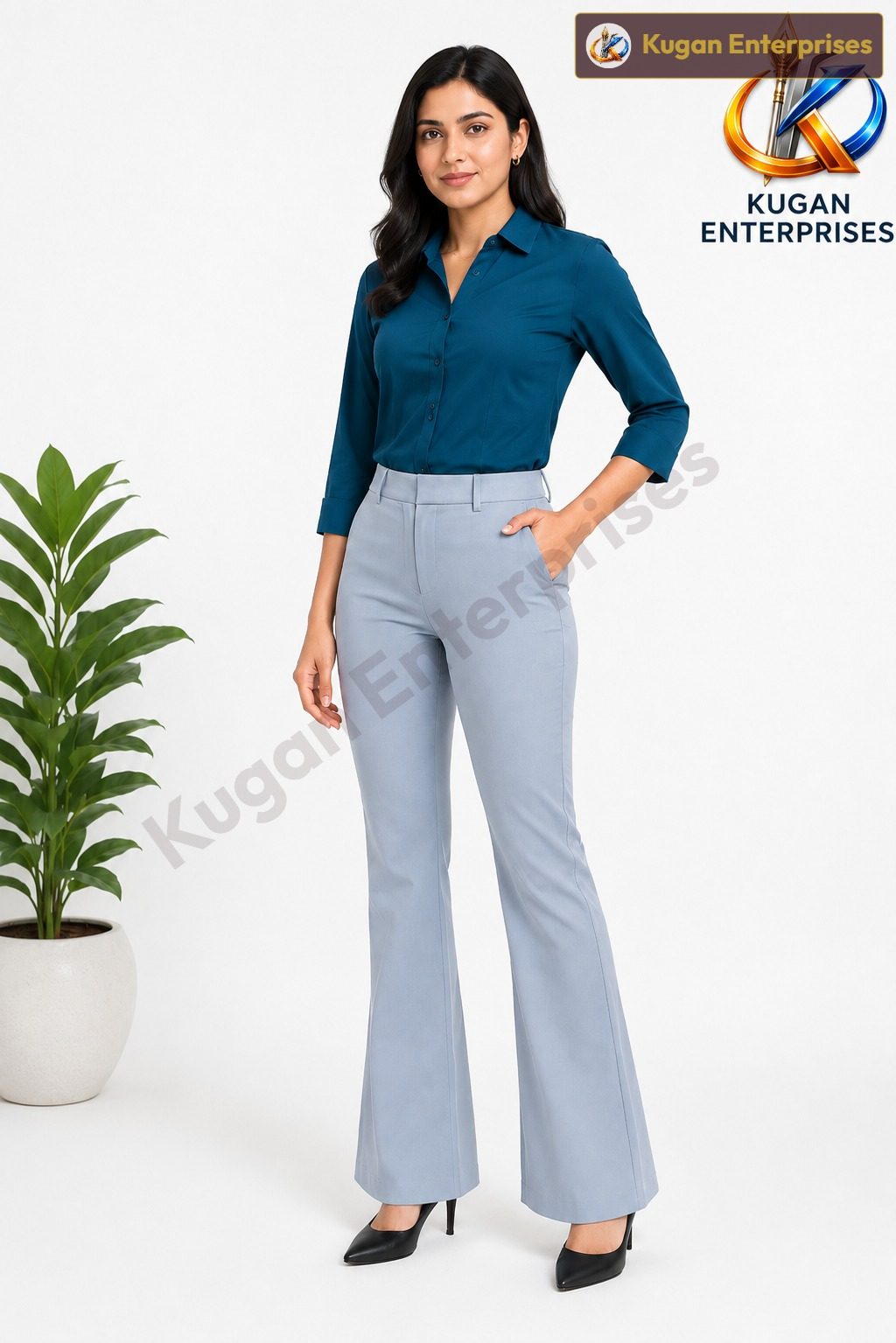 Women’s Light Blue-Grey High-Waist Barbie Bootcut Formal Pant