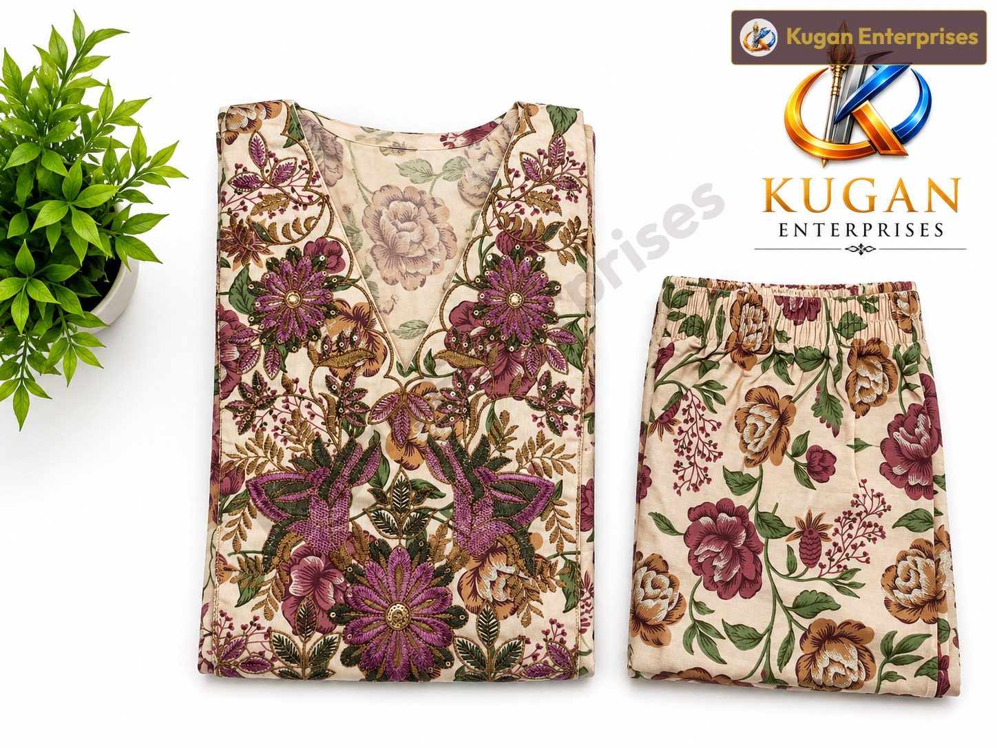 Cream Floral Embroidered Kurta & Matching Pant Set for Women