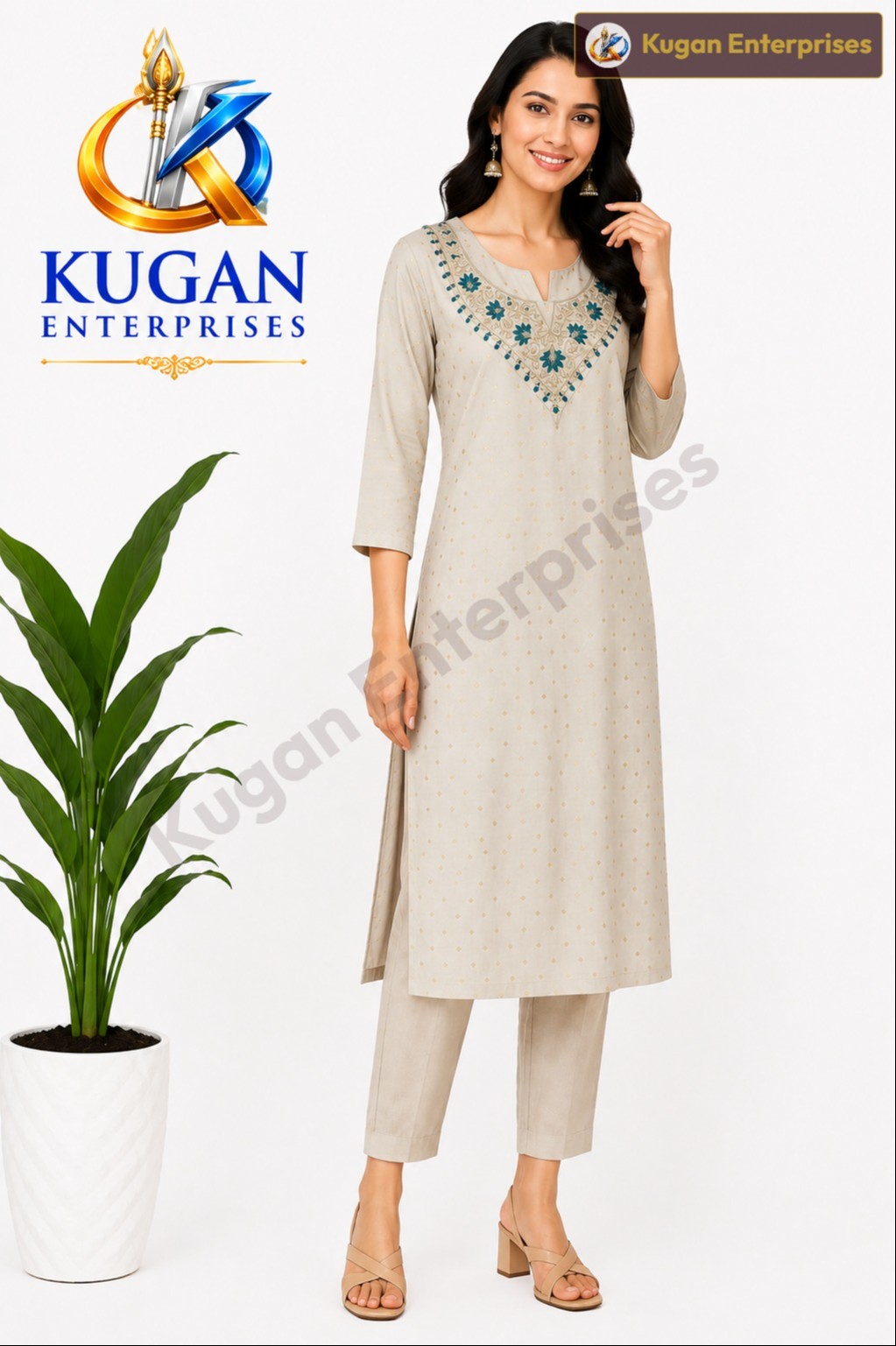 Women's Cream Embroidered Straight Kurta with Pant Set