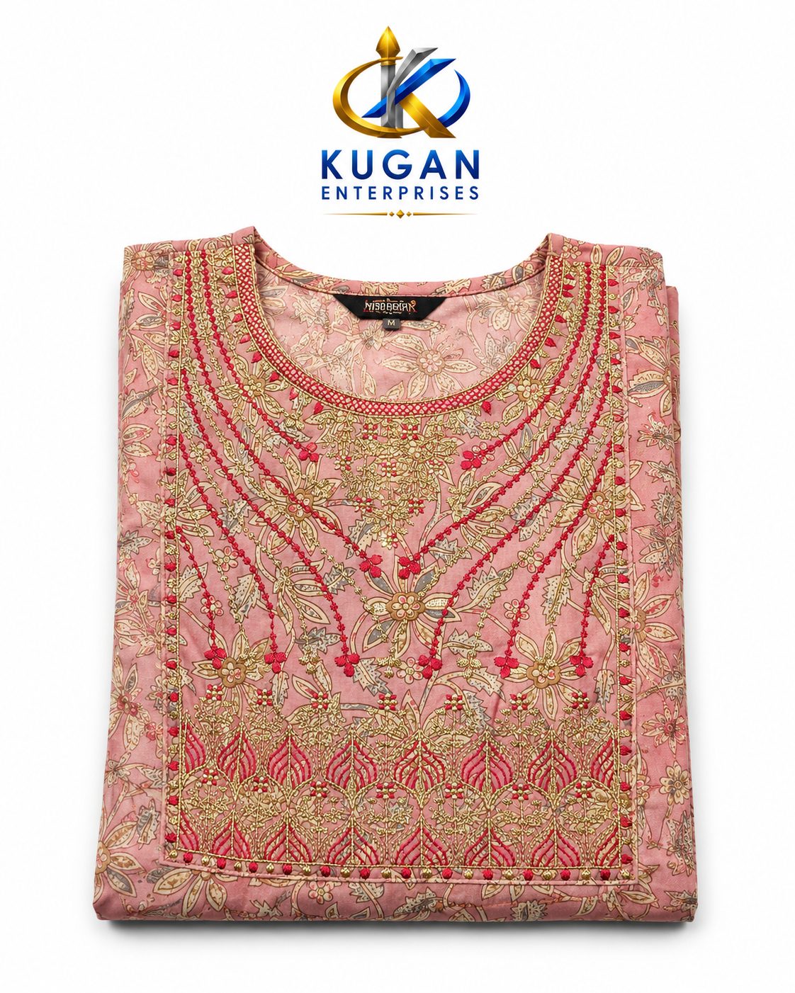 Rose Pink Floral Print Embroidered Kurta