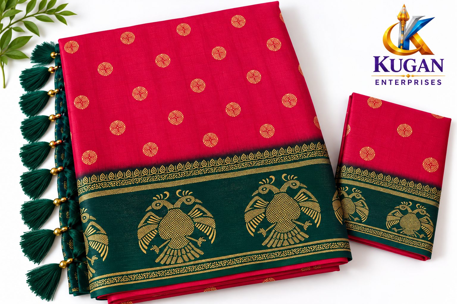 Rani Pink Gold Butta Printed Saree with Dark Peacock Green Ornamental Border