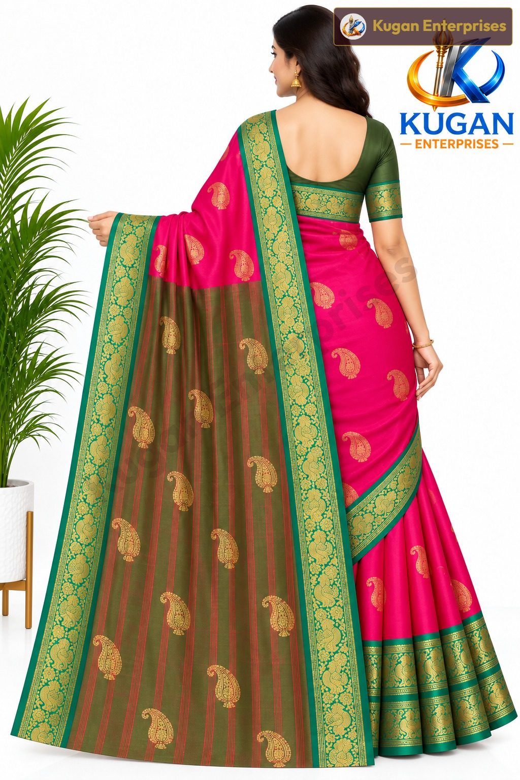 Fuchsia Pink & Olive Green Zari Saree
