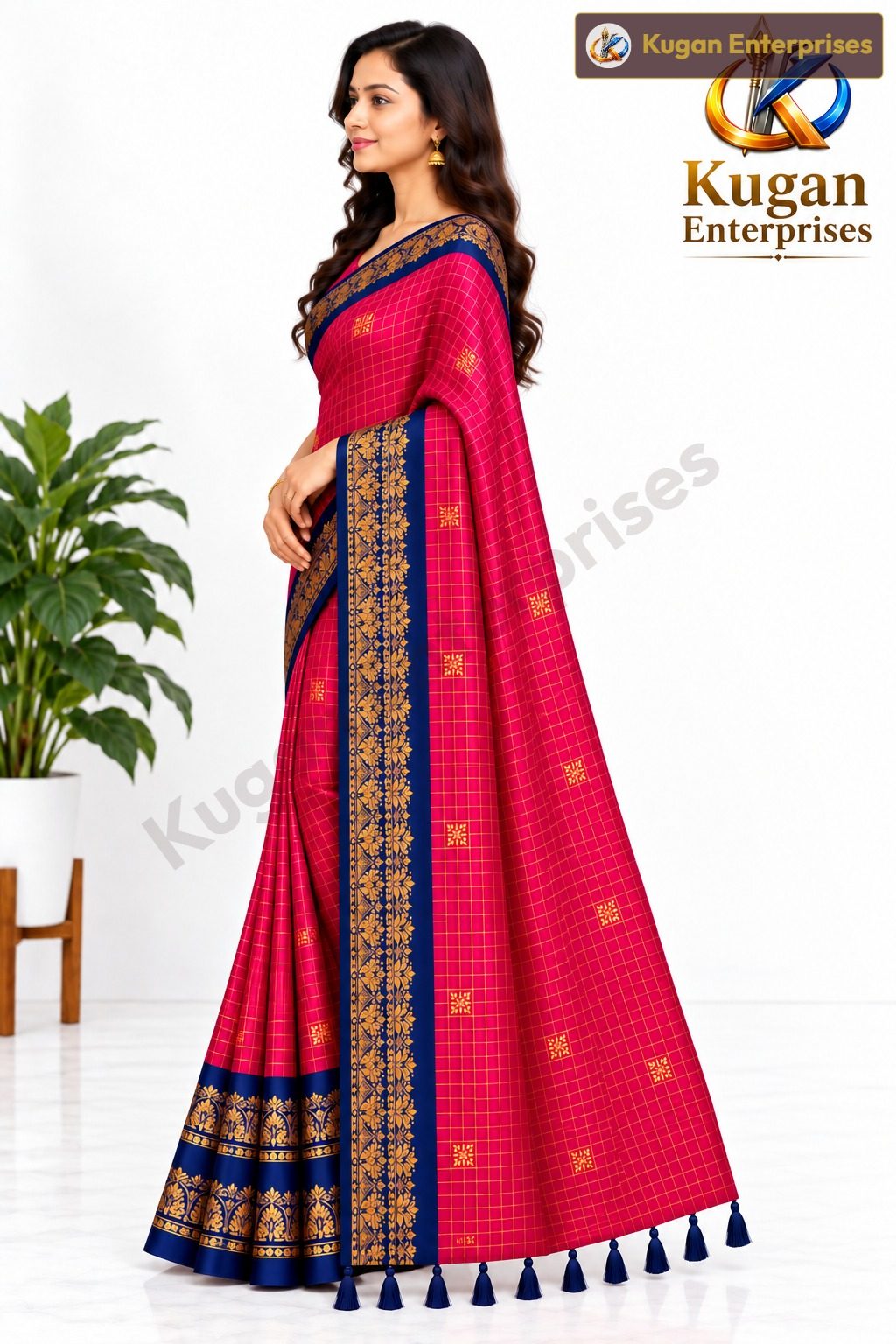 Rani Pink and Navy Blue Traditional Printed Saree