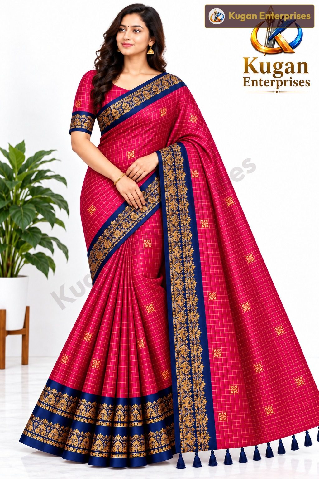 Rani Pink and Navy Blue Traditional Printed Saree