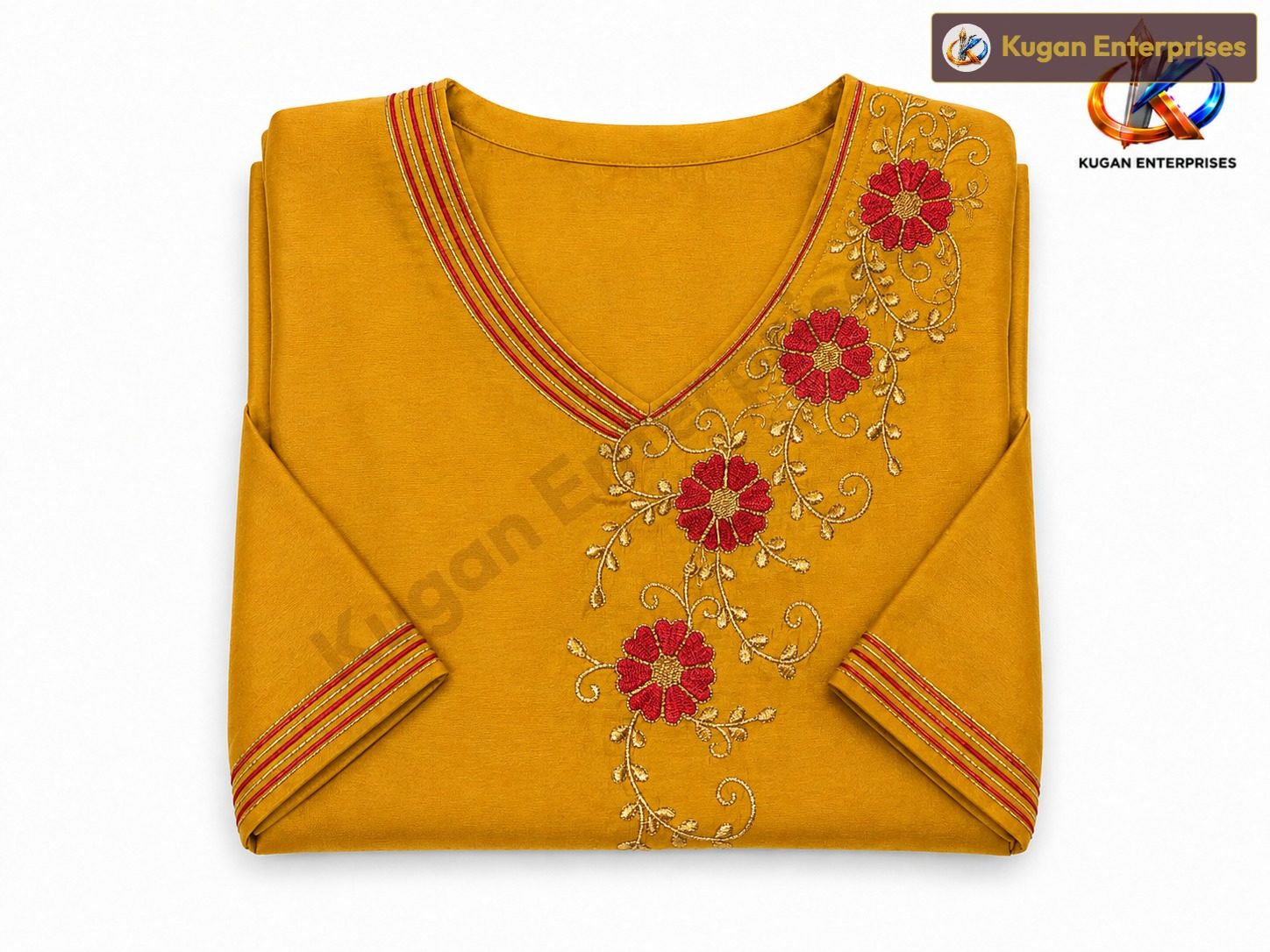 Mustard Yellow Silk Red Floral Embroidered Gown
