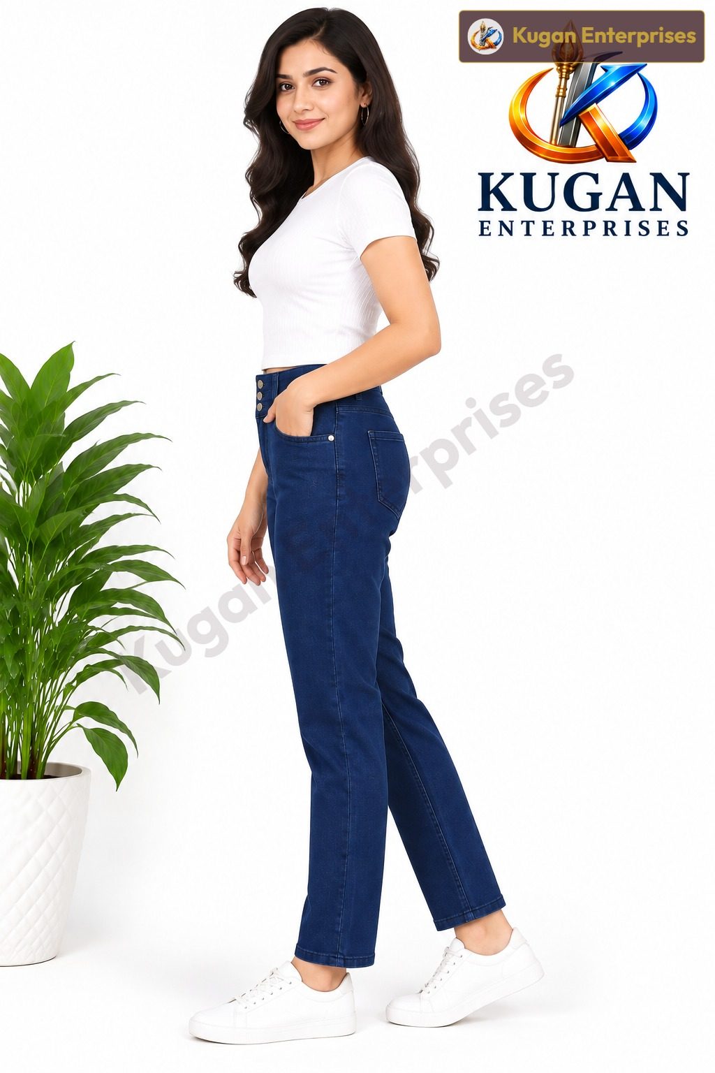Dark Blue 3-Button Ankle-Length Straight Fit Jeans for Women