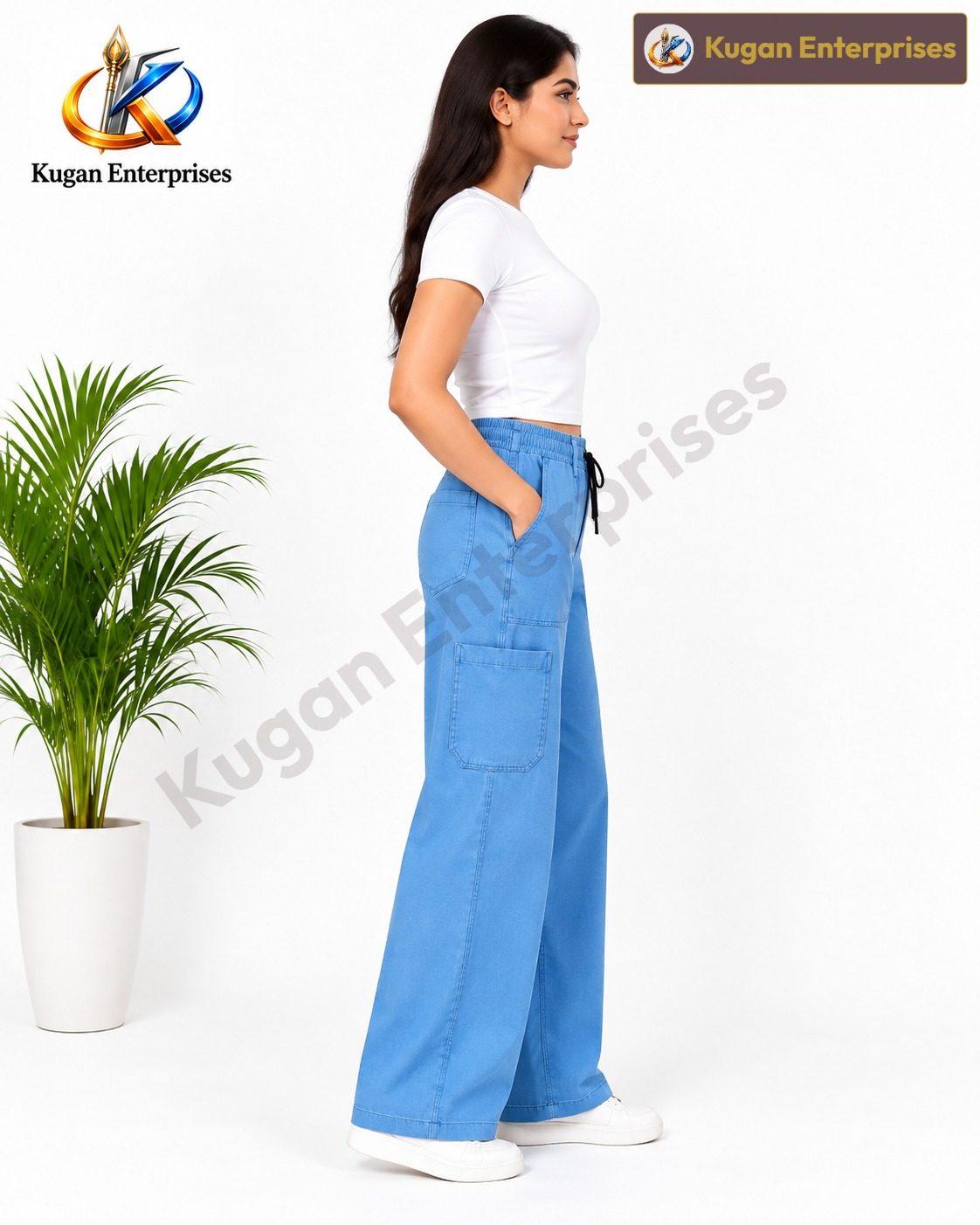 Women’s Sky Blue Cargo Baggy Pant with Elastic Waist & Utility Pockets