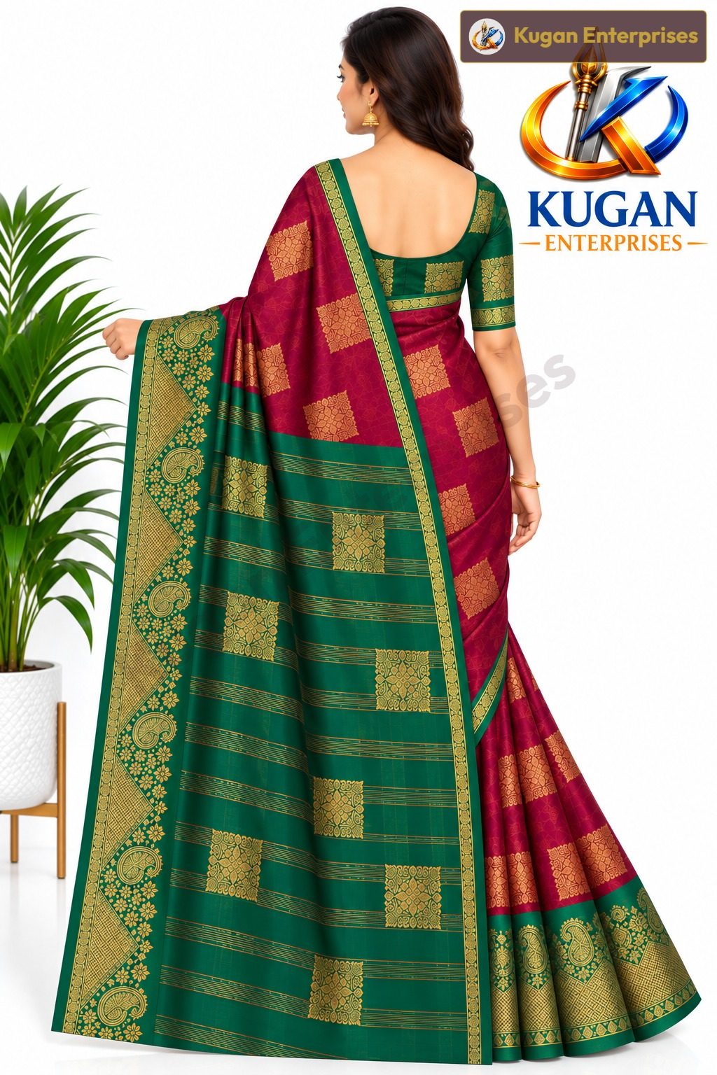 Burgundy Maroon Kelly Green Zari Silk Saree