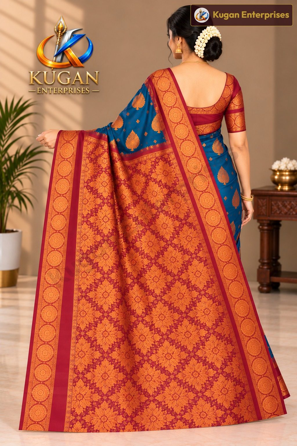 Deep Peacock Blue Maroon Zari Woven Saree