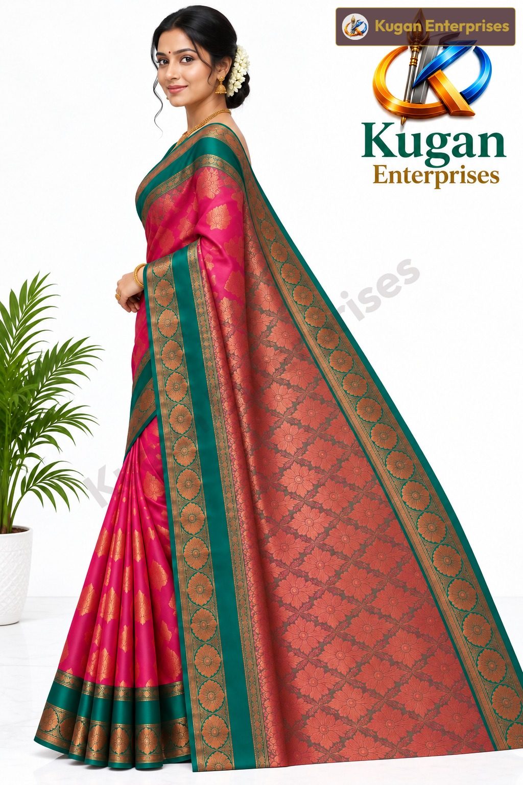 Rani Pink Greenish-Pink Copper Zari Woven Saree