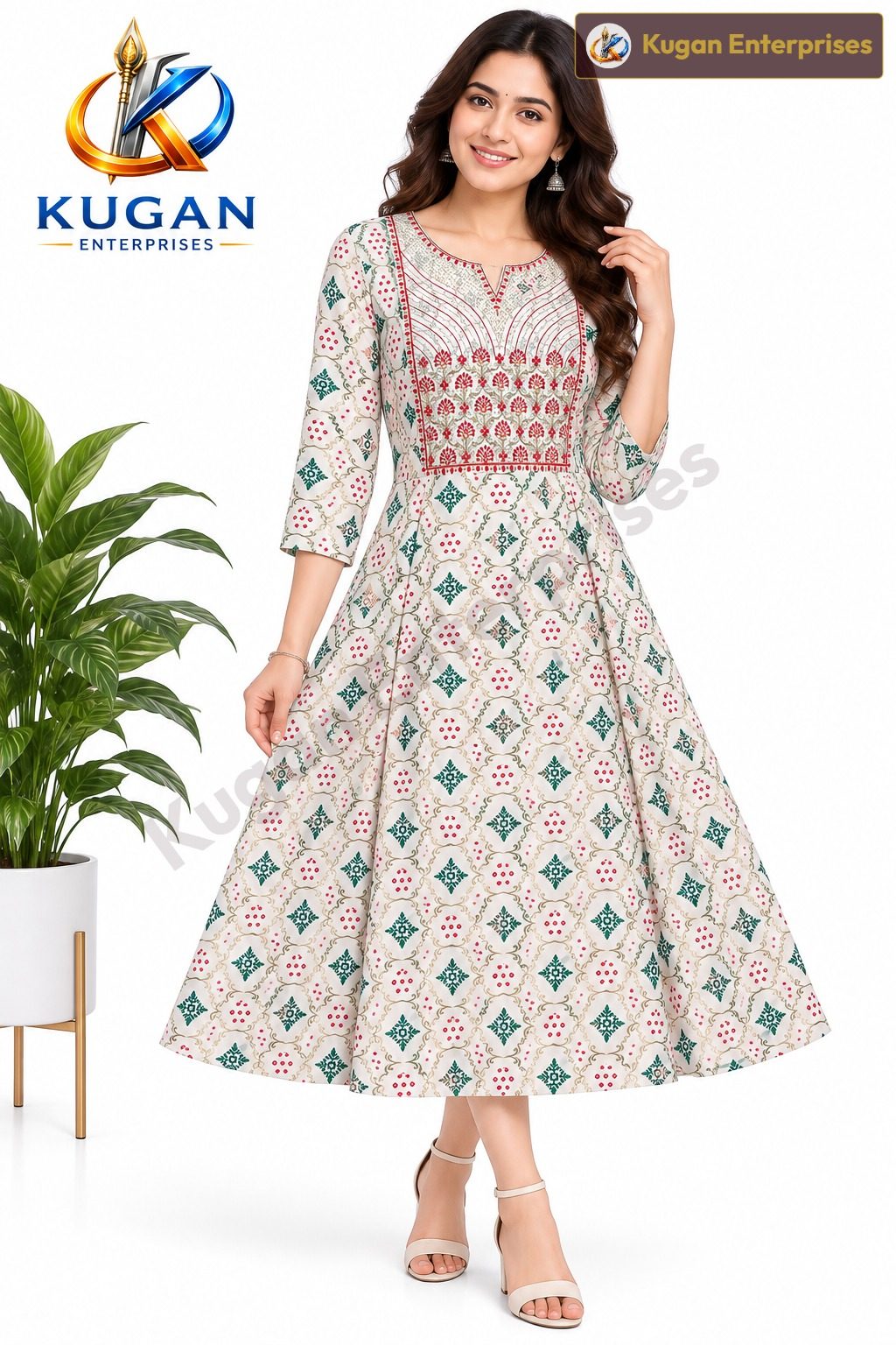 Ivory Rayon Floral Embroidered Umbrella Dress