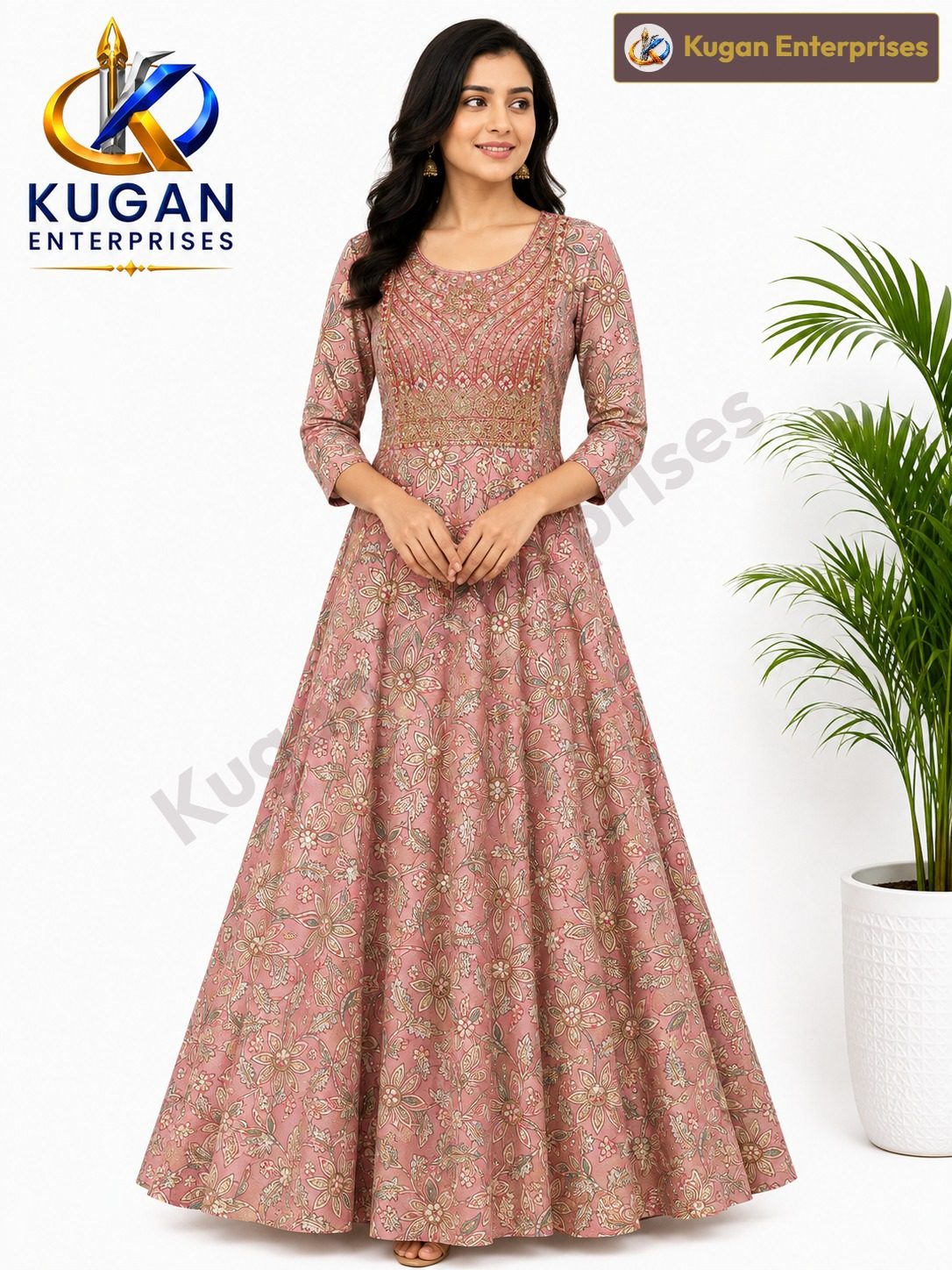 Rose Pink Floral Print Embroidered Kurta
