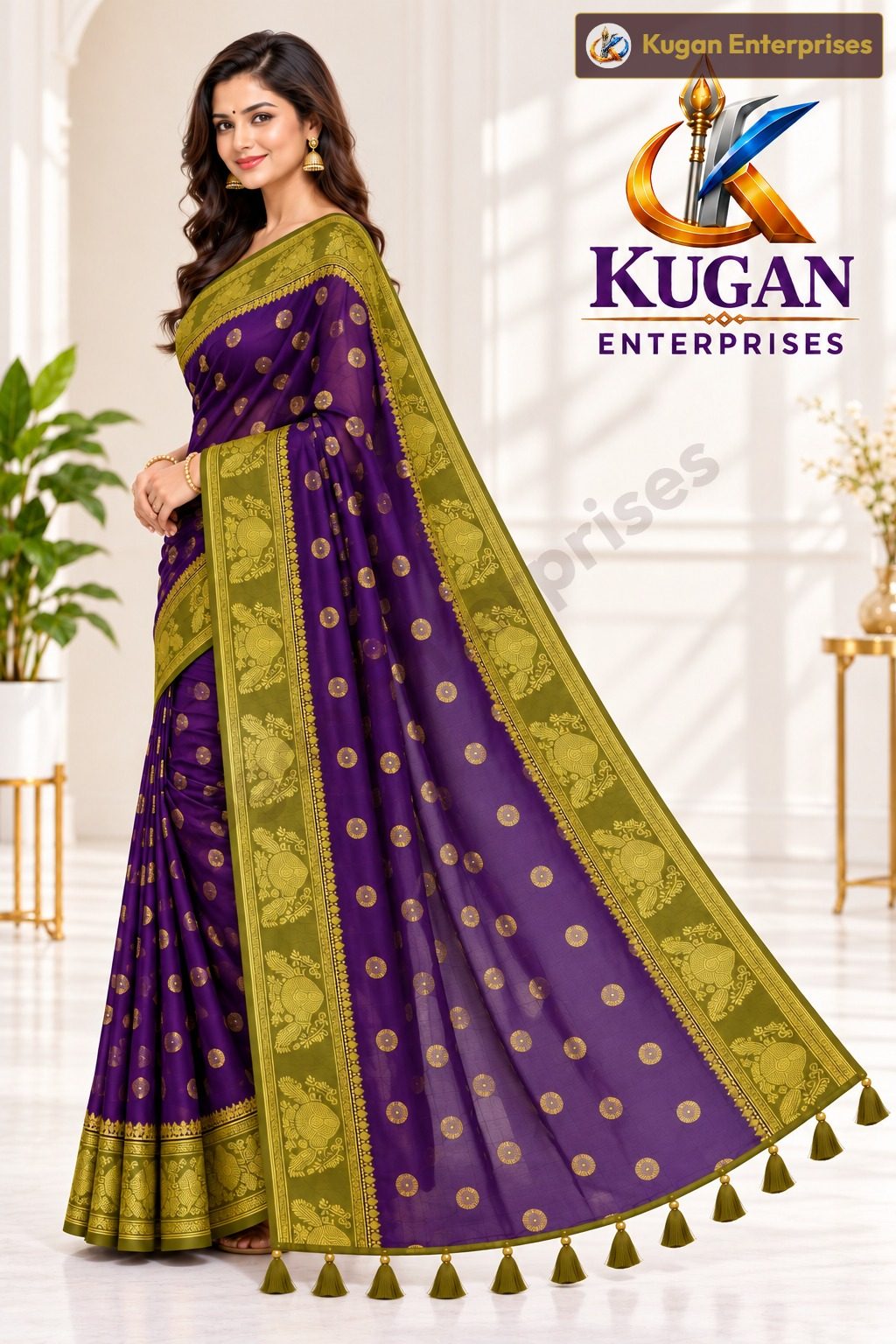 Rich Violet Purple Printed Saree with Golden Olive Green Border