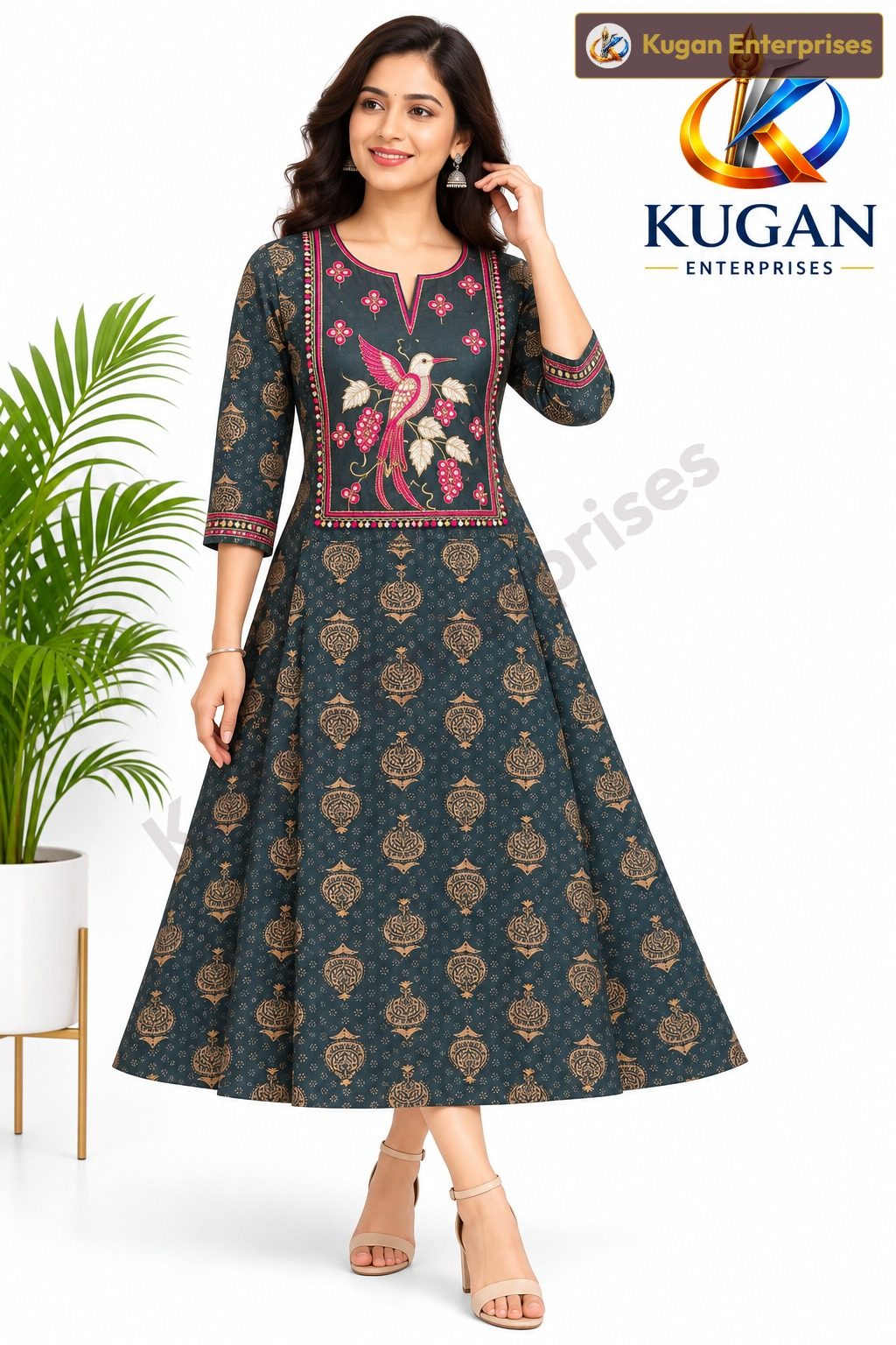 Charcoal Blue Rayon Bird Embroidery Umbrella Dress