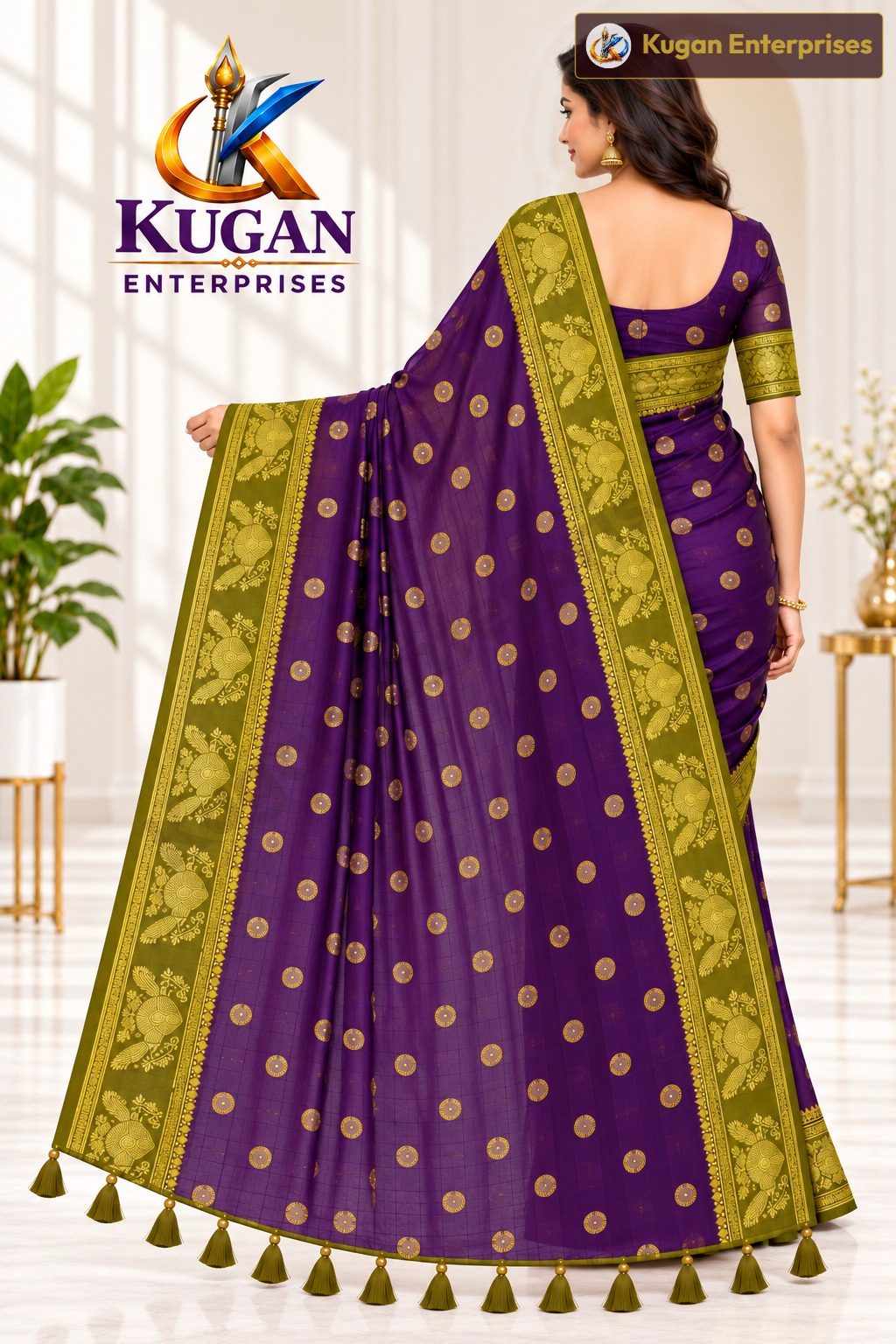 Rich Violet Purple Printed Saree with Golden Olive Green Border