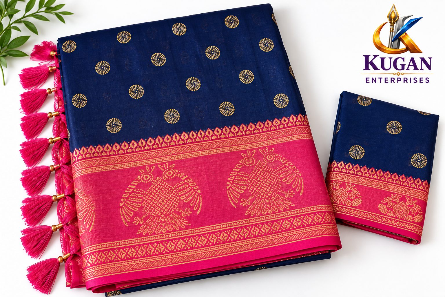 Deep Navy Blue Gold Butta Printed Saree with Rani Pink Border