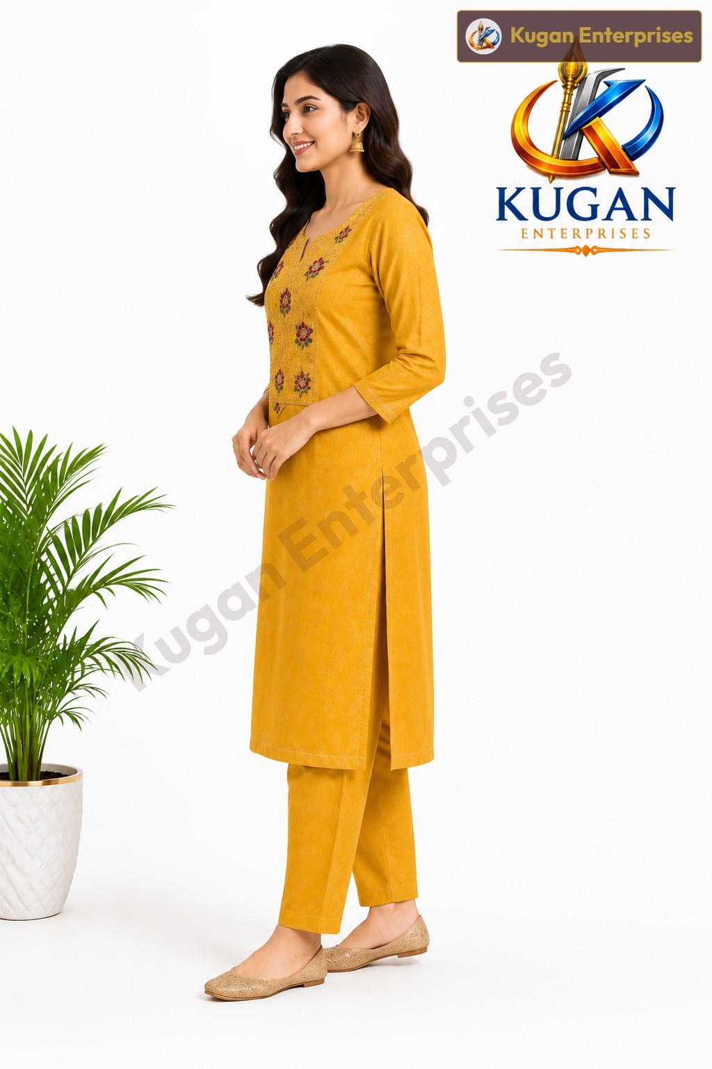 Women's Mustard Floral Embroidered Straight Kurta with Straight Pant