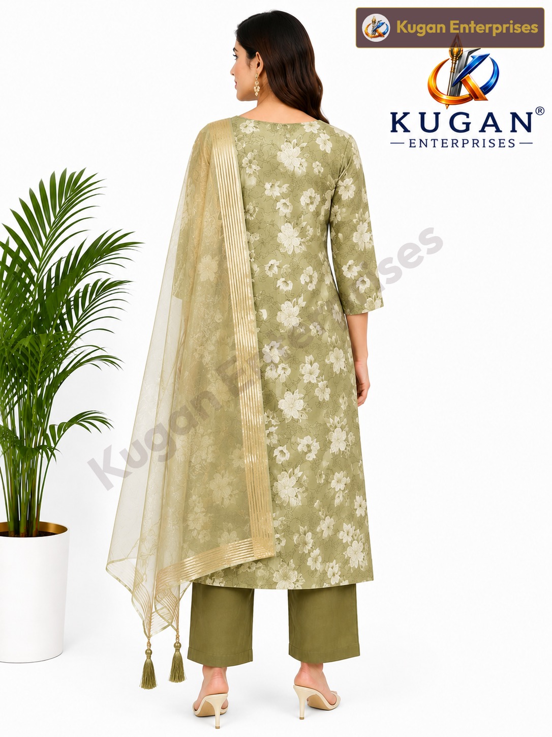 Women's Sage Green Floral Printed Kurta Pant Set with Designer Tissue Dupatta