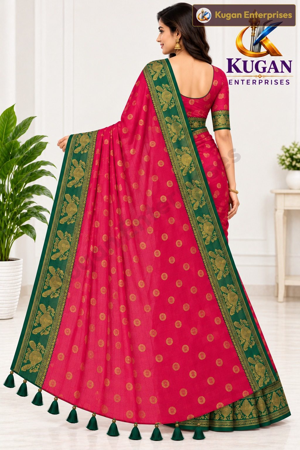 Rani Pink Gold Butta Printed Saree with Dark Peacock Green Ornamental Border