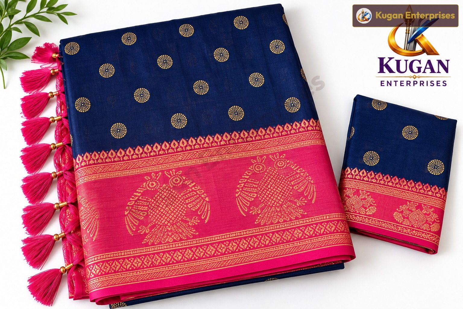 Deep Navy Blue Gold Butta Printed Saree with Rani Pink Border