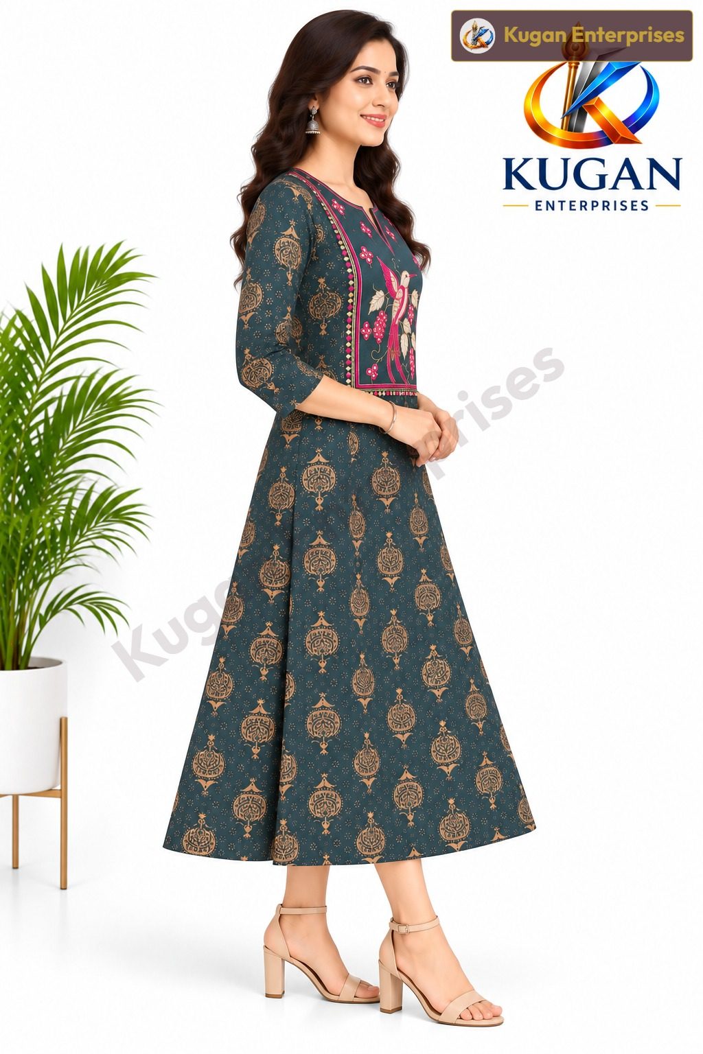 Charcoal Blue Rayon Bird Embroidery Umbrella Dress