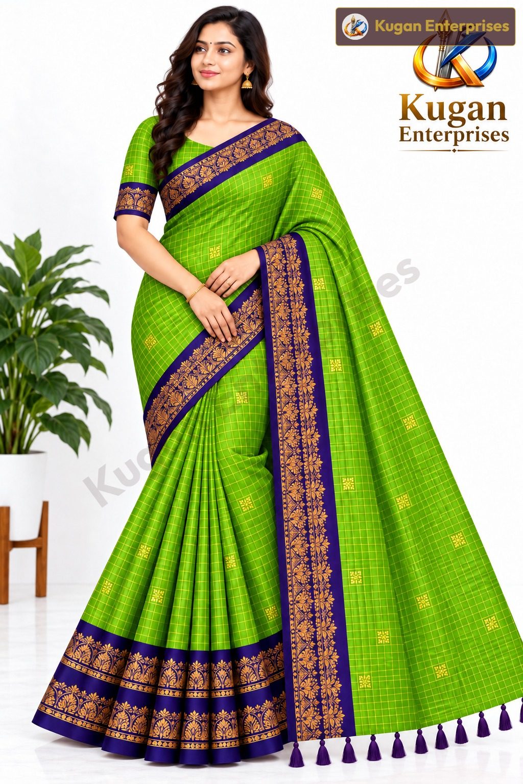 Parrot Green and Royal Purple Traditional Printed Saree