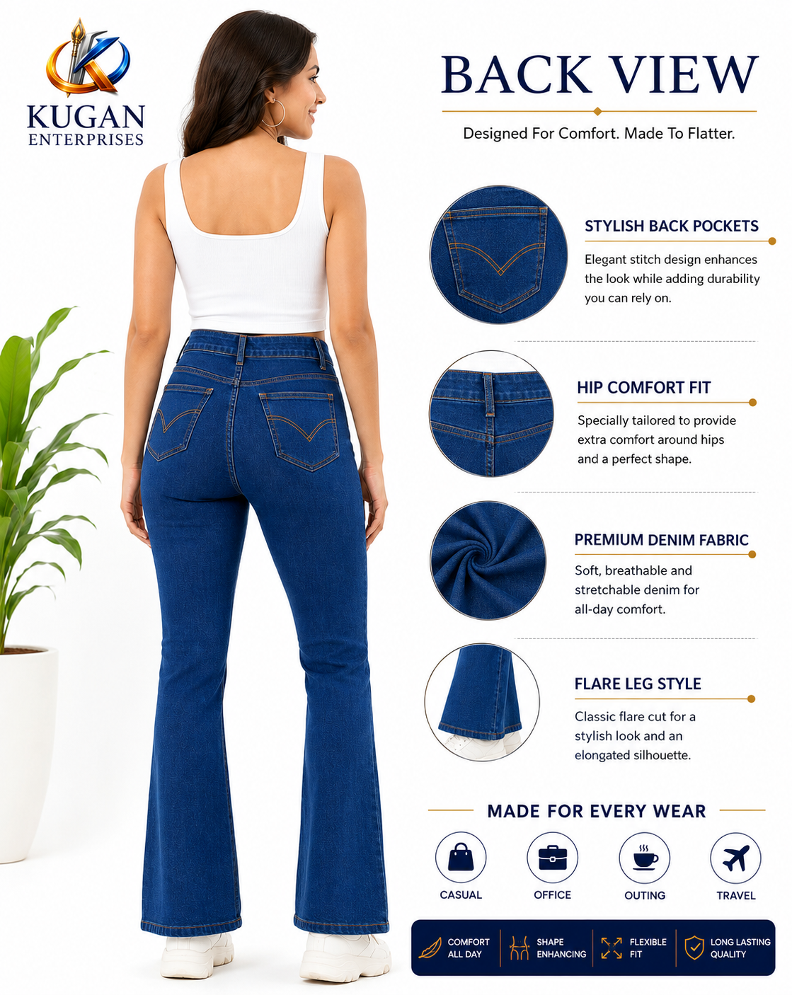Women's Premium High-Waist 3 Golden Button Flared Stretch Jeans | Hip Comfort Fit | Dark Blue
