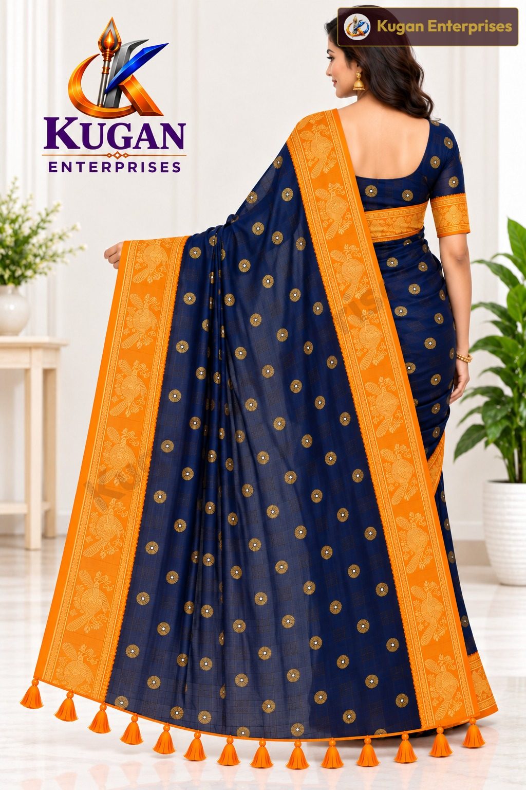Deep Navy Blue and Bright Yellowish-Orange Printed Saree with Matching Blouse