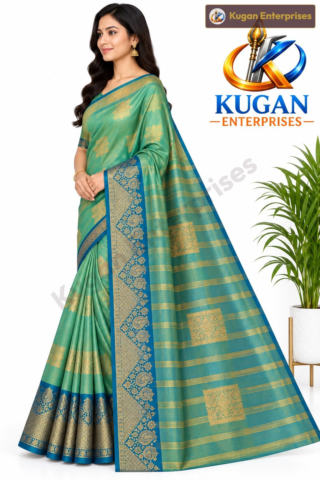 Sea Green Gold Zari Designer Silk Saree