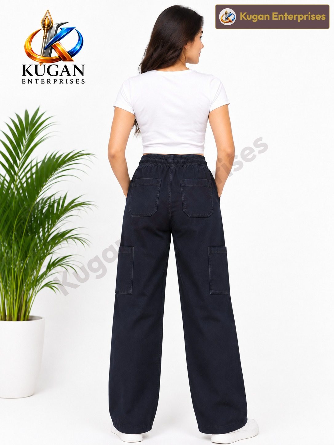 Women’s Dark Blue Cargo Baggy Pant with Elastic Waist & Utility Pockets