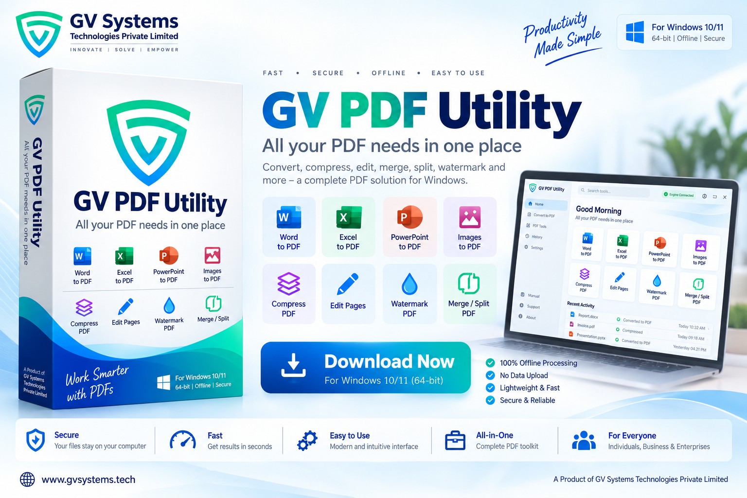 GV PDF Utility – All-in-One Offline PDF Converter, Compressor, Editor & Manager for Windows 10/11