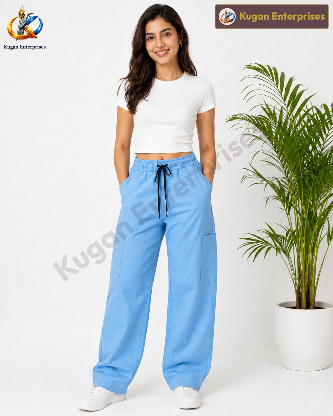 Women’s Sky Blue Cargo Baggy Pant with Elastic Waist & Utility Pockets