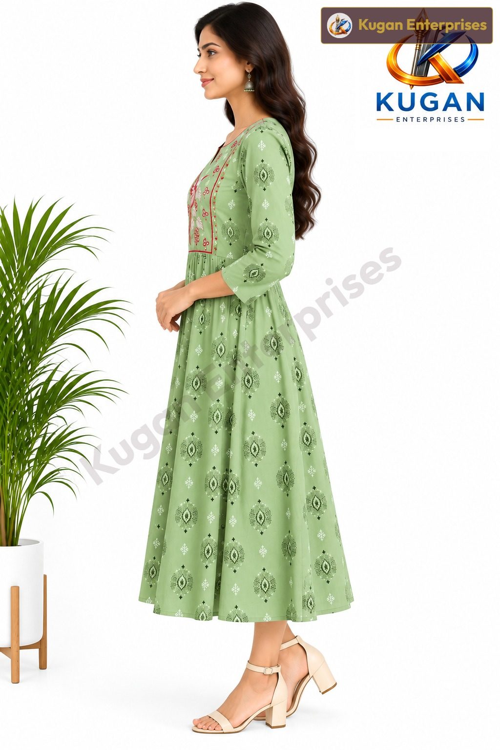 Sage Green Bird Embroidered Rayon Kurta Top