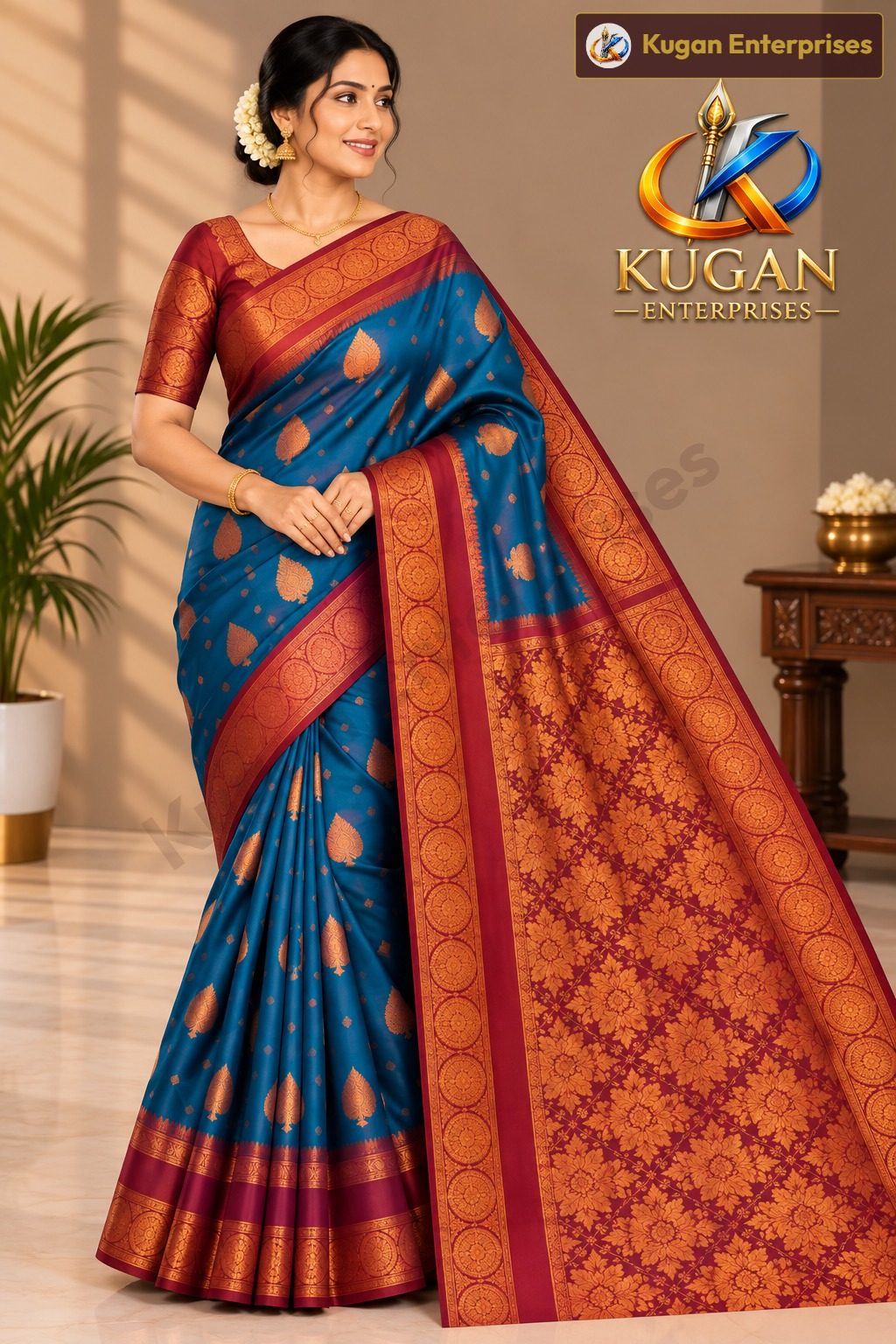 Deep Peacock Blue Maroon Zari Woven Saree