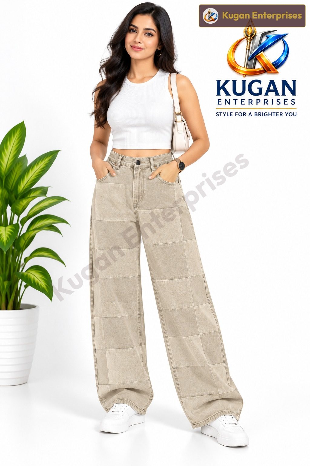 Women’s Beige Patchwork Baggy Cotton Pants