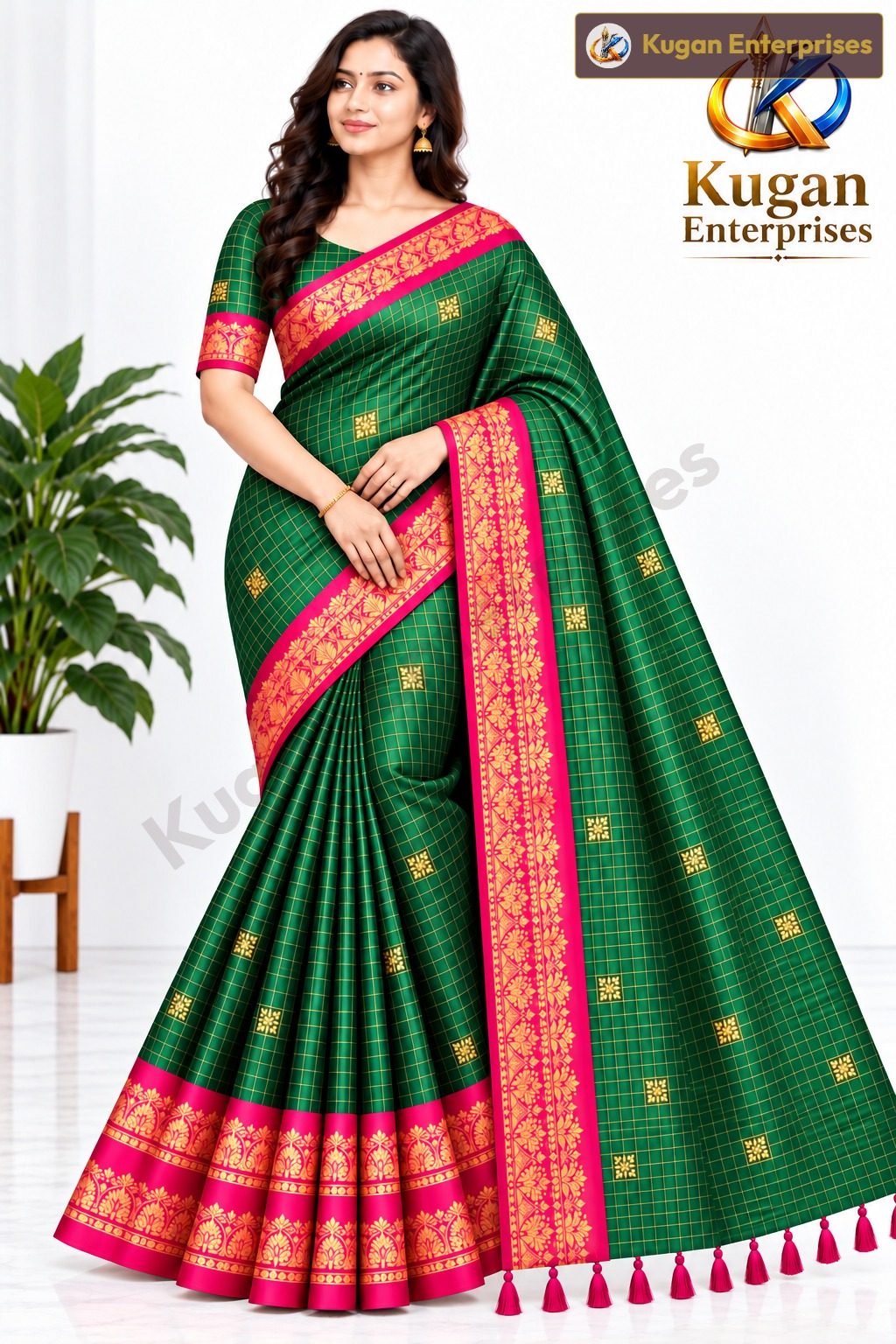 Peacock Green Saree with Rani Pink Printed Border