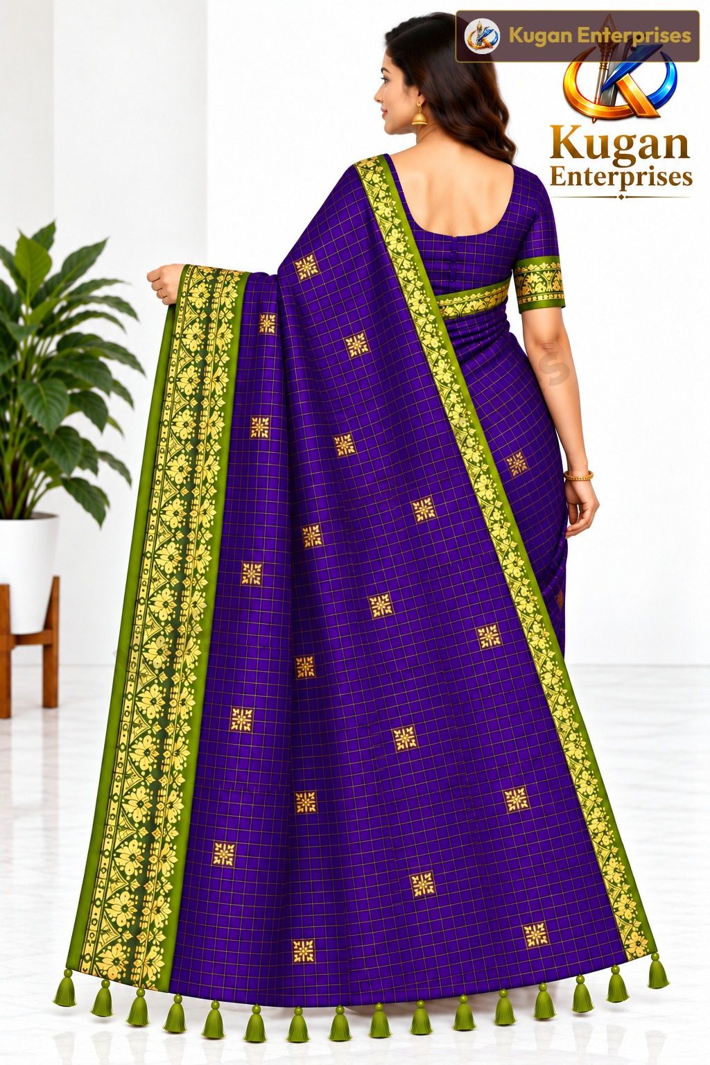 Royal Purple and Chartreuse Green Traditional Saree