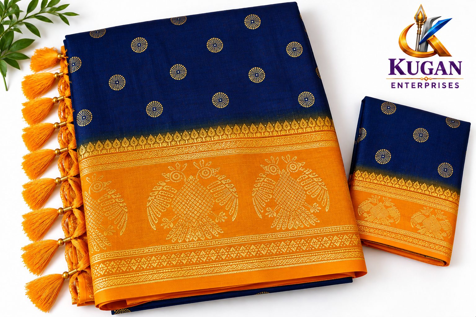 Deep Navy Blue and Bright Yellowish-Orange Printed Saree with Matching Blouse
