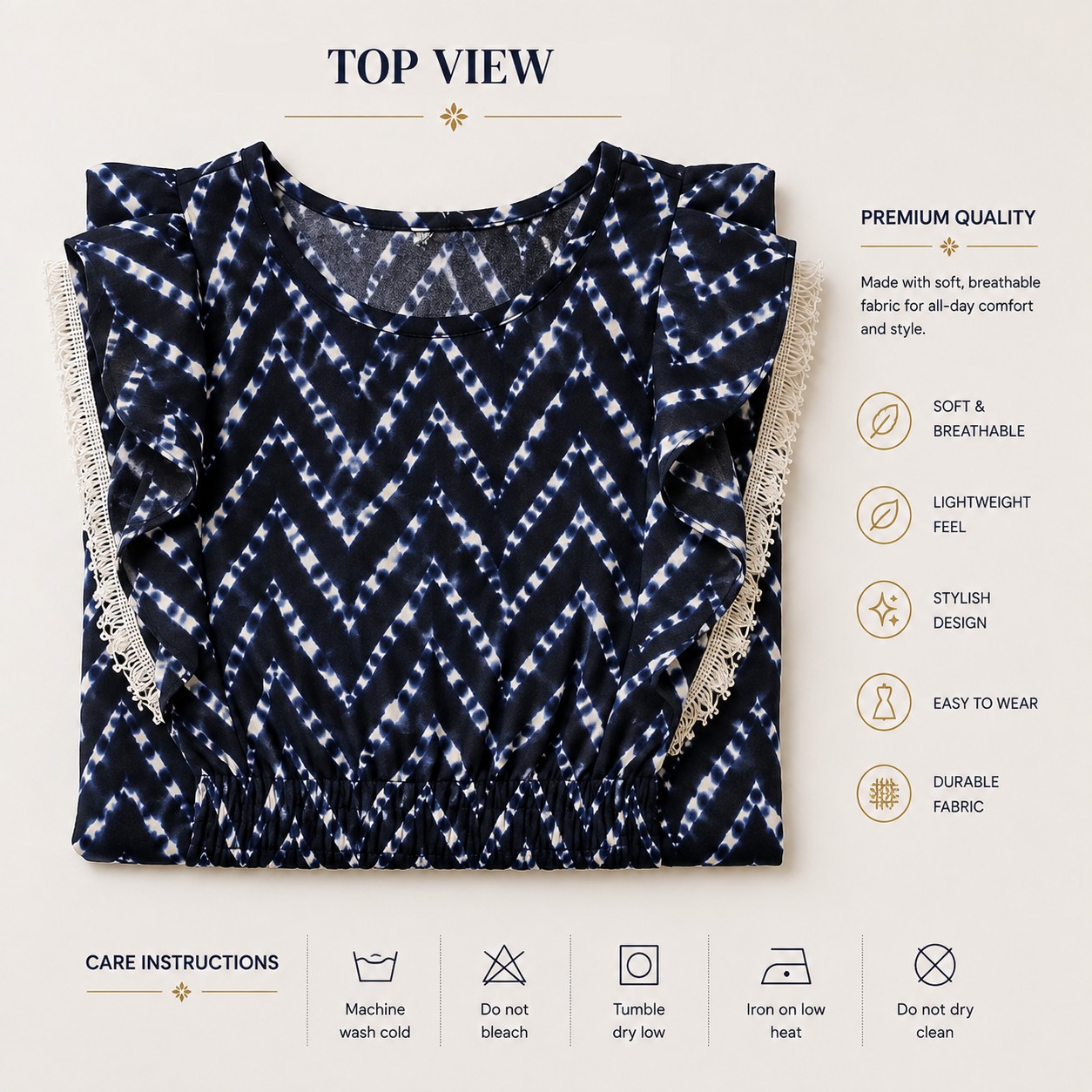 Women’s Navy Blue & White Chevron Printed Top with Fringe Detail – Stylish Casual Wear