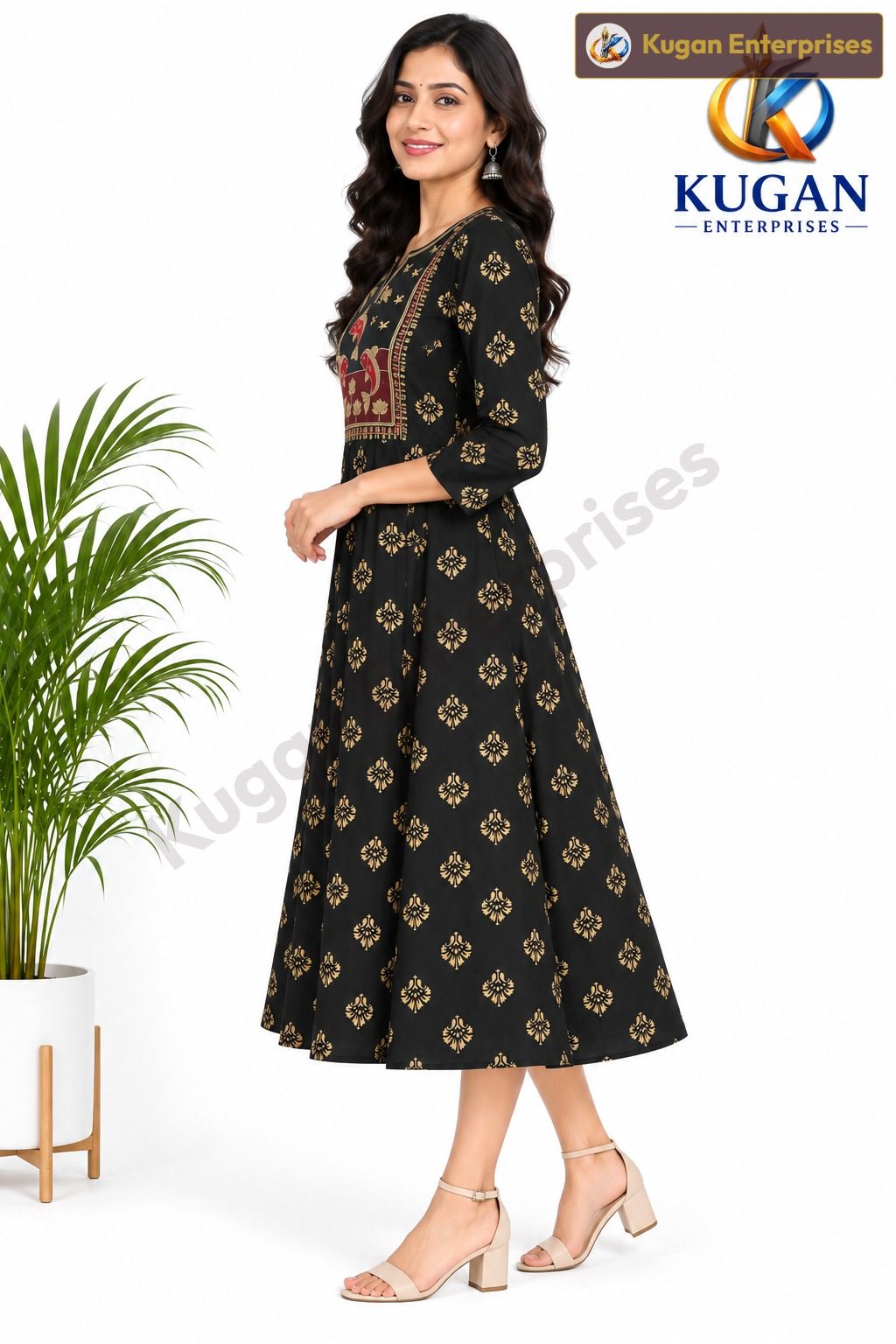 Black Gold Floral Print Umbrella Dress