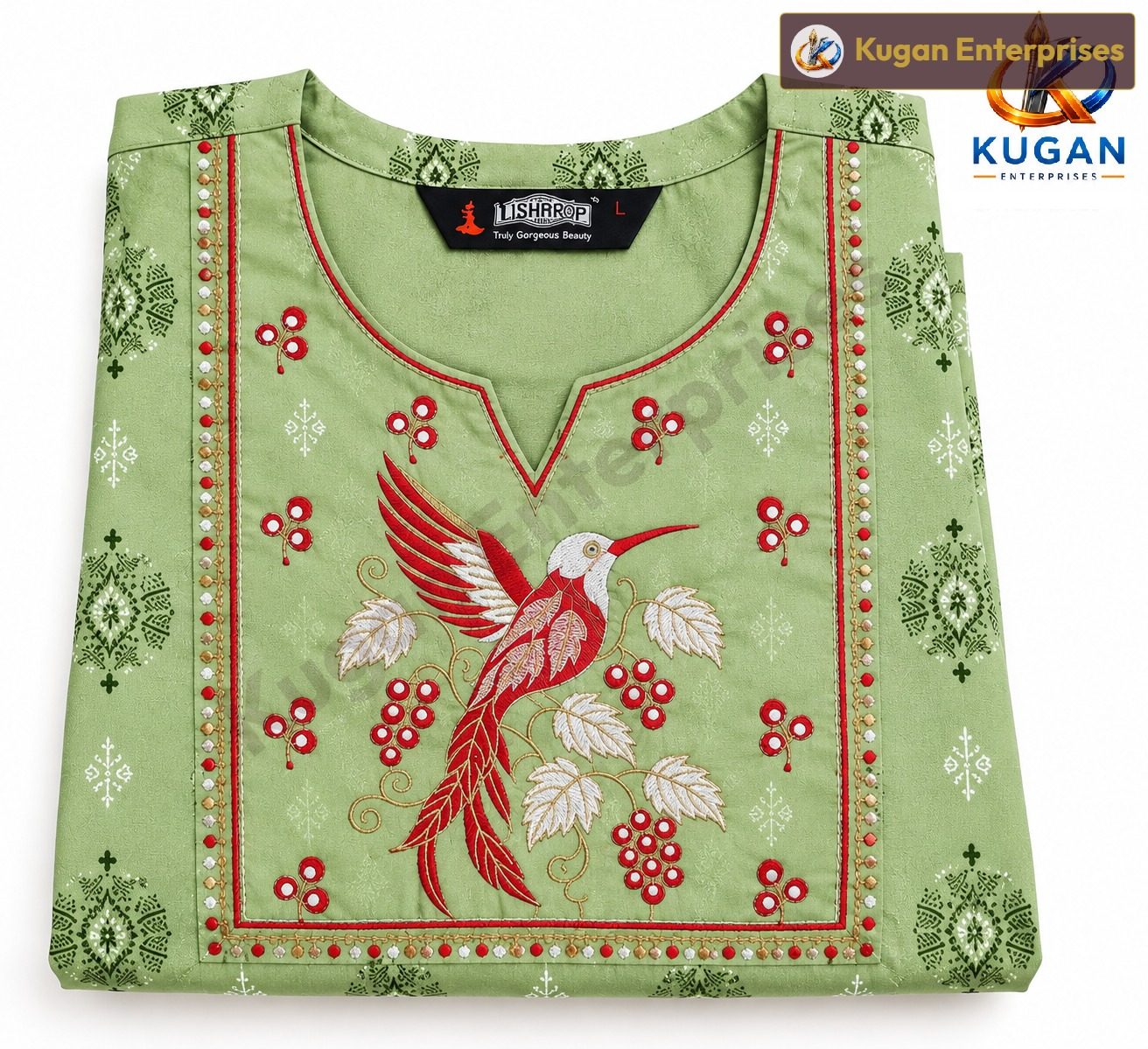 Sage Green Bird Embroidered Rayon Kurta Top