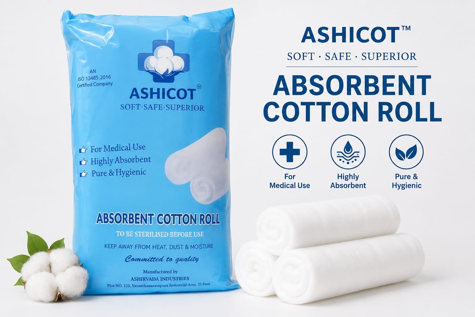 ASHICOT Absorbent Cotton Roll 15gm for Medical Use – 100% Pure, Soft & Non-Sterile for First Aid, Wound Dressing, Baby Cleaning, Clinics