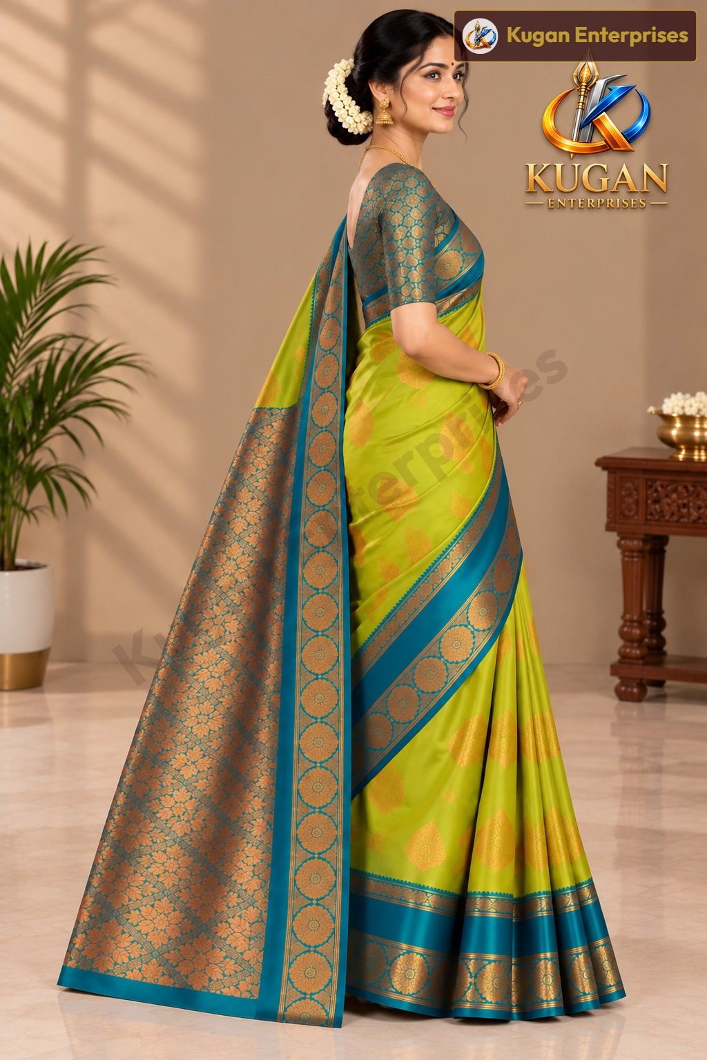 Olive Green Teal Zari Silk Saree