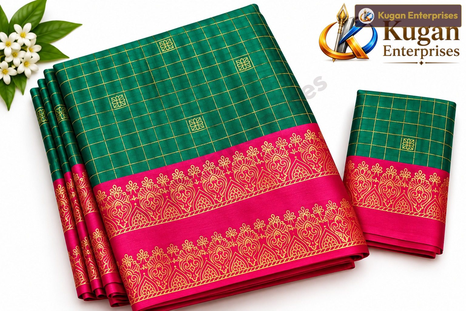 Peacock Green Saree with Rani Pink Printed Border