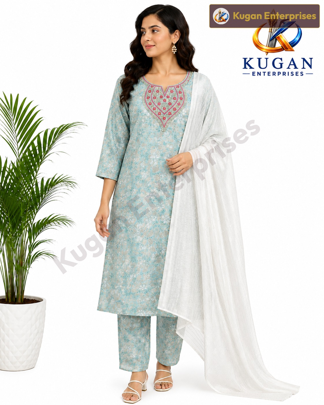 Aqua Bloom Embroidered Kurta Pant Dupatta Set