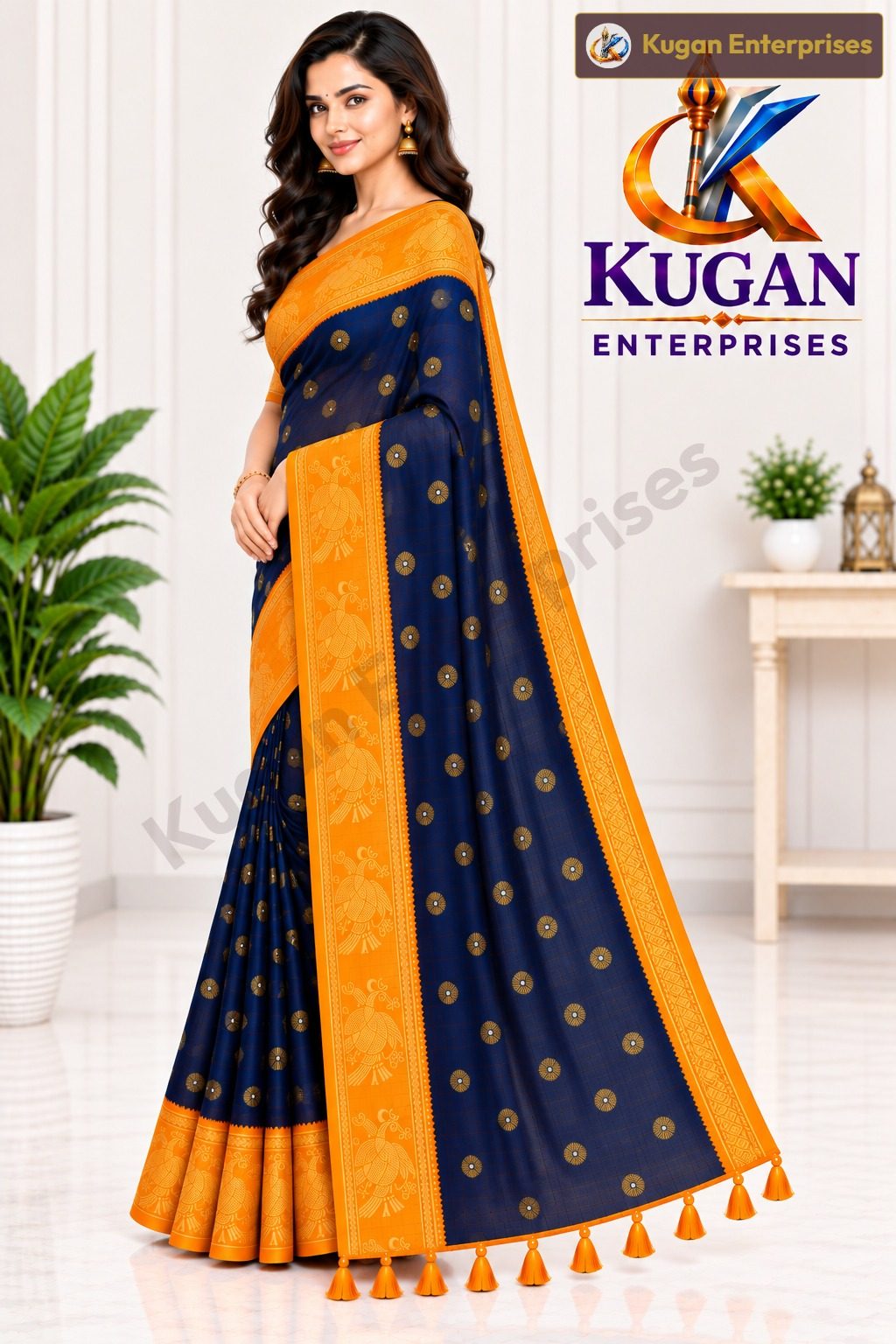 Deep Navy Blue and Bright Yellowish-Orange Printed Saree with Matching Blouse