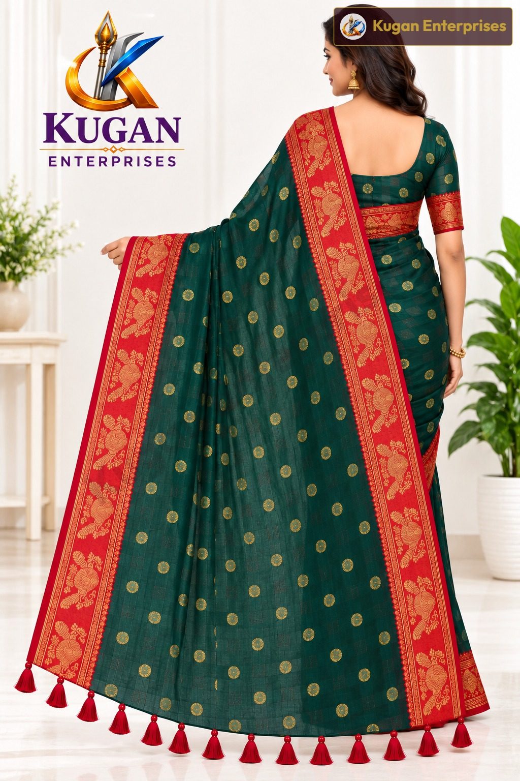 Deep Peacock Green Gold Butta Printed Saree with Crimson Red Ornamental Border