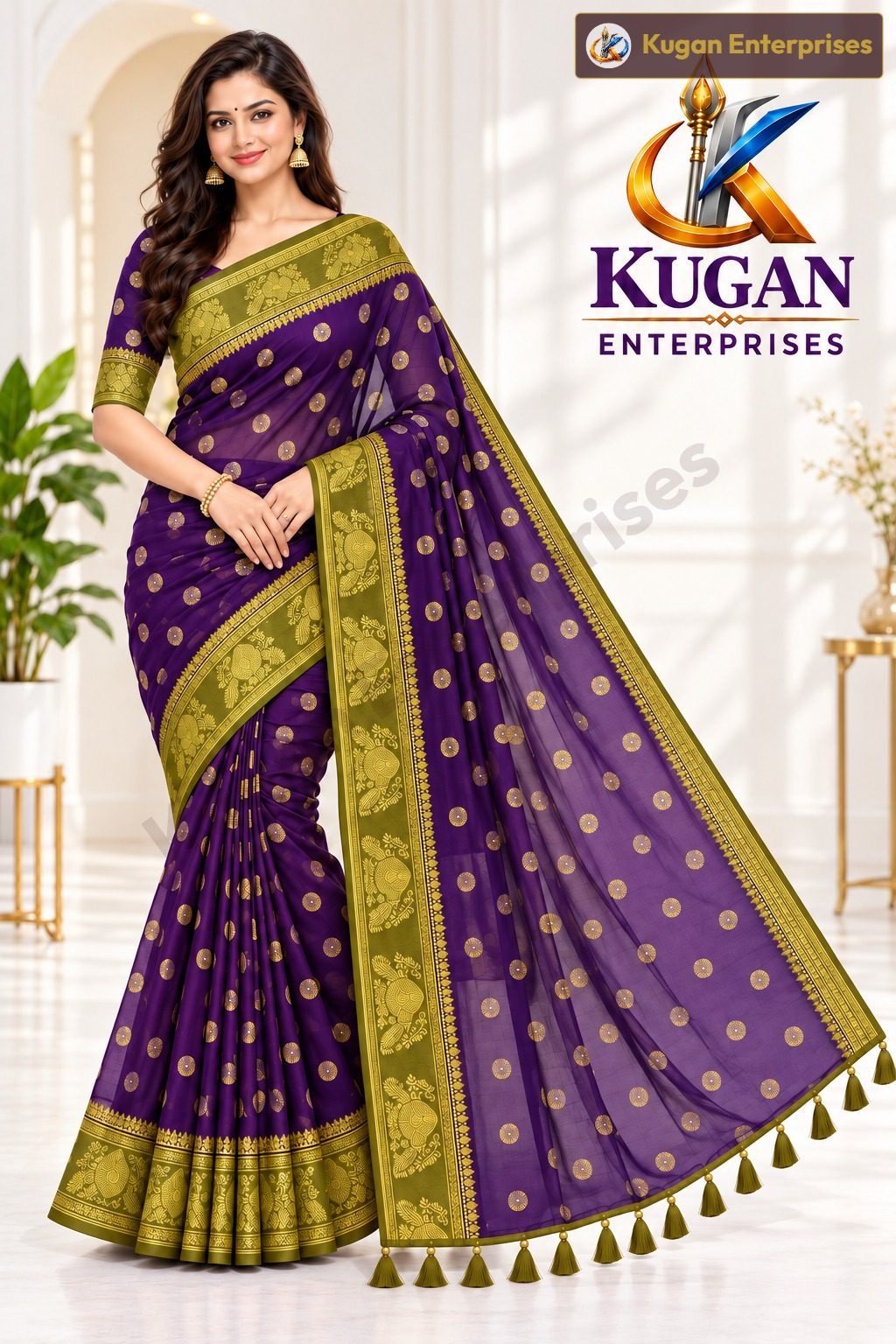 Rich Violet Purple Printed Saree with Golden Olive Green Border