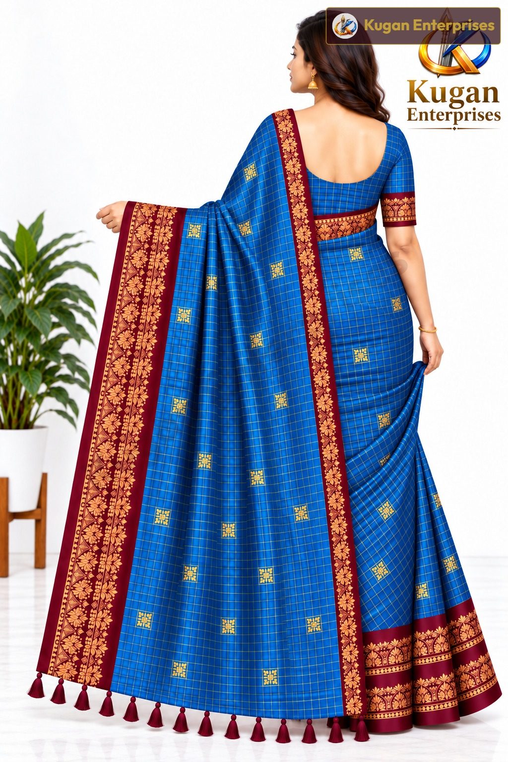 Royal Blue and Wine Maroon Traditional Printed Saree