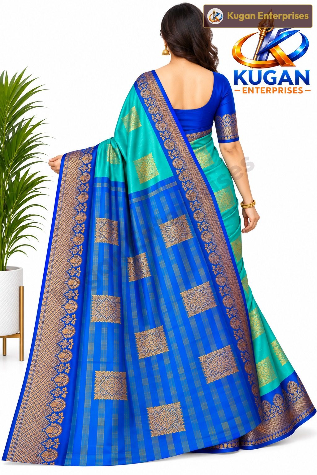 Turquoise Green & Royal Blue Zari Silk Saree